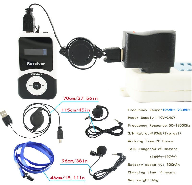 EXMAX ATG-100T 195MHz Wireless Tour Guide System Church Translator Headsets Voice Transmission Lavalier Microphone Simultaneous Church Translation Interpreter Equipment(1 Transmitter 3 Receivers) - Image 5